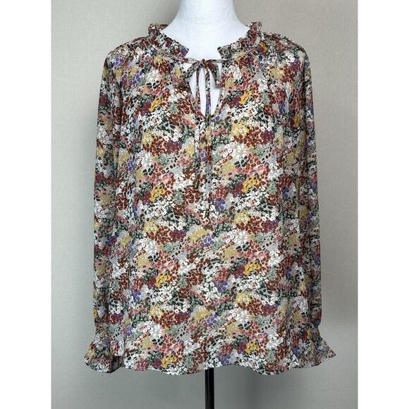 Entro Womens M Floral Top Long Sleeve Blouse Ruffle Cuffs Peasant Fall - Picture 1 of 16